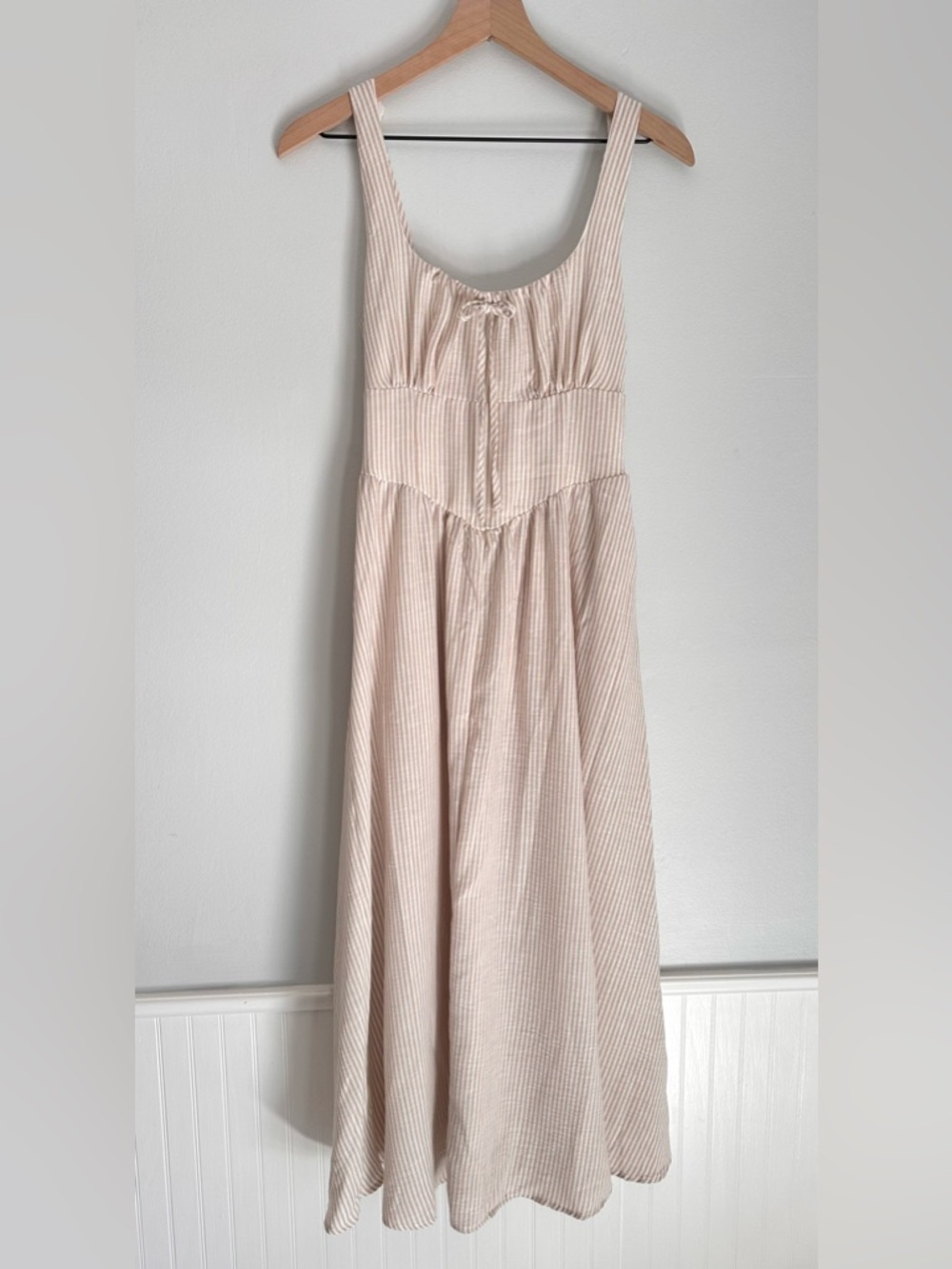 Beige Striped Dress Drop Waist Midi Dress Size Small - Picture 2 of 7